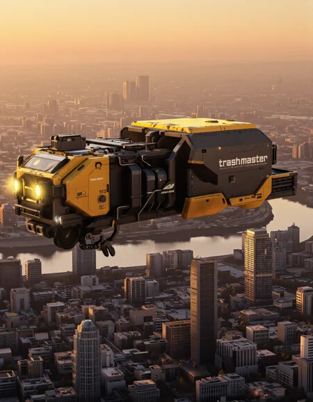 QuantumZ. A futuristic, sci-fi concept art shoot from a bird's eye view about a large, yellow and black cargo vehicle with the words "trash master" written on the side, flying over a city at sunset. the vehicle is positioned in the center of the image, with the cityscape below and a river running through it. the city is densely populated with tall buildings and skyscrapers, and the sky is a warm orange hue, indicating that it is either sunrise or sunset. on the front of the vehicle, there is a sleek, angular design with glowing yellow headlights, giving it a futuristic look.