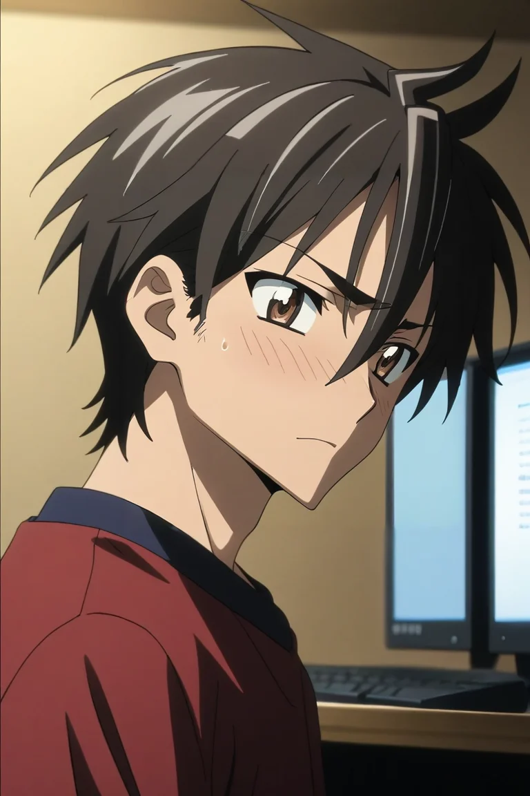 score_9, score_8_up, score_7_up, source_anime, rating_safe, , anime screencap, , official style, looking at viewer, , 1boy, solo, male focus, <lora:takashi_komuro_pony:0.98>, takashi_komuro, black hair, brown eyes, short hair, hair between eyes, from side, bedroom, computer monitor, indoors, singing, embarrassed, nose blush, , <lora:sdxl_lightning_8step_lora:1>