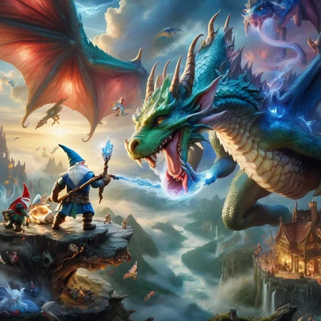 Fujifilm quality photograph (best quality)++, (masterpiece)++, (detailed)+, elf on the shelf fighting a Dragon, (fantasy illustration)1.3, enchanting Dragon battle elf on the shelf, mystical battle, (many gnomes battling)1.4 (whimsical charm).4 Otherworldly charm, mystical sky, (Luis Royo)1.2, (Yoshitaka Amano)1.1, moonlit night, soft colors, (detailed cloudscape)1.3, (high-resolution)1.2 (gnomes  battling everywhere)1.2 , <lora:DonM3t3rn1tyXL-v1.1:0.3> DonM3t3rn1tyXL <lora:DonMD1g174l4sc3nc10nXL:0.3> DonMD1g174l4sc3nc10nXL  <lora:Dragons:0.8> dragon  <lora:EnvyMagicalXL01:0.3> magical <lora:FantasyLandscape:0.8> FanLan