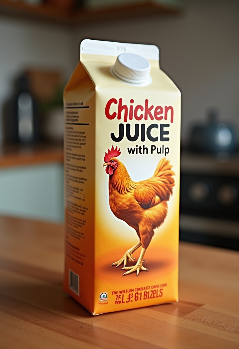 A carton of juice with a picture of a realistic chicken on the front, the label says "Chicken Juice - with Pulp", realistic, masterpiece, photo-realistic, on a kitchen table,