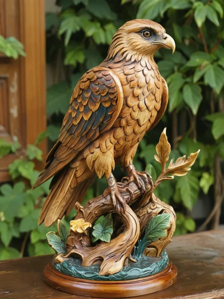 very detailed Hawk, awesome appearance, magical landscape with enchanted elements, fantasy art style, sandy beige, ocean blue, leaf green theme, intricate details, ultra sharp, exquisite detail, flawless composition, vivid colors, masterpiece, exciting background <lora:Wood Sculpture SDXL v1.0:1> 7-WoodSculpture