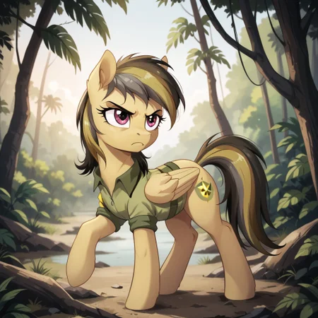 score_9, score_8_up, score_7_up, score_6_up, score_5_up, score_4_up, score_3_up, score_2_up, score_1_up, g4, solo, pony, feral pony, daring doo, jungle, serious, sunset, standing, active pose, cute, glare, high res, detailed face