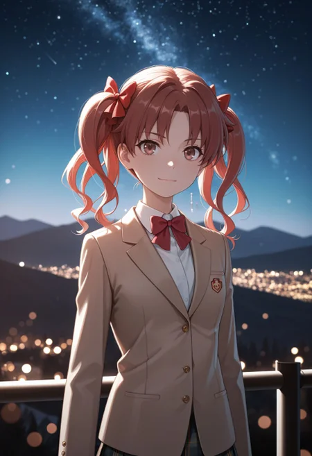 masterpiece,best quality,absurdres,highres,very aesthetic,high quality,detailed,insanely detailed,beautiful,perfect lighting, ,depth of field,blurry background,bokeh, standing,, looking at viewer, slight smile, upper body, nighttime, mountains, grey rocks, stars, outdoors background, high resolution, ultra-detailed, absurdres,
, <lora:Shirai illu:1> 1girl, brown eyes, brown hair, long hair, twintails, parted bangs, red hair bow
tokiwadai school uniform, winter uniform, red bowtie, brown jacket, plaid skirt, white shirt, blazer, pleated skirt, closed mouth, hairpin, collared shirt, long sleeves, miniskirt, dress shirt,
