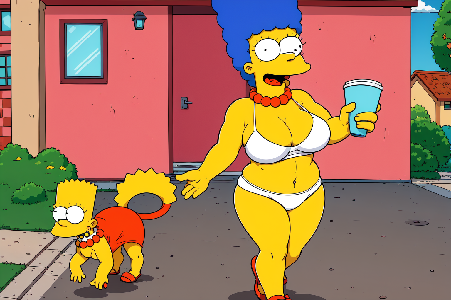 a woman with sexy body and outfit, walking in the sidewalk, EdobSimpsons  <lora:EdobSimpsons_v1.1:0.8>