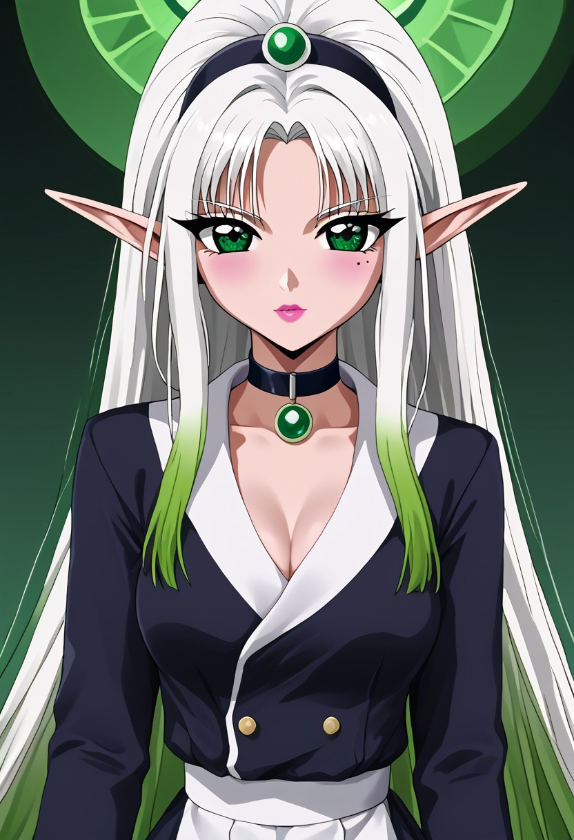 (masterpiece), best quality, expressive eyes, perfect face, 
1 Girl
(((White very long ponytail with Green ombre hair)))
(((White hair)))
(((Green ombre hair)))
(((Green gradient hair)))
((White and Green Multicolored hair))
((Hair between eyes))
((Green eyes))
((Elf ears))
((Pointy ears))
((Mole under eye))
((Medium breasts))
((White rose simple dress))
((Black jacket))
((Choker))
((Looking at viewer))
((Sitting in a lotus position))
((Serious face))
((T-pose))
((Night beach))
((Night))
((Green nail polish))
((Pink lips))
((Orange makeup))
((Elf earings))