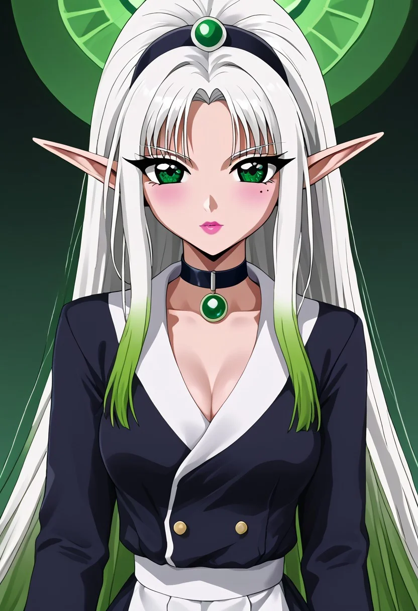 (masterpiece), best quality, expressive eyes, perfect face,
1 Girl
(((White very long ponytail with Green ombre hair)))
(((White hair)))
(((Green ombre hair)))
(((Green gradient hair)))
((White and Green Multicolored hair))
((Hair between eyes))
((Green eyes))
((Elf ears))
((Pointy ears))
((Mole under eye))
((Medium breasts))
((White rose simple dress))
((Black jacket))
((Choker))
((Looking at viewer))
((Sitting in a lotus position))
((Serious face))
((T-pose))
((Night beach))
((Night))
((Green nail polish))
((Pink lips))
((Orange makeup))
((Elf earings))