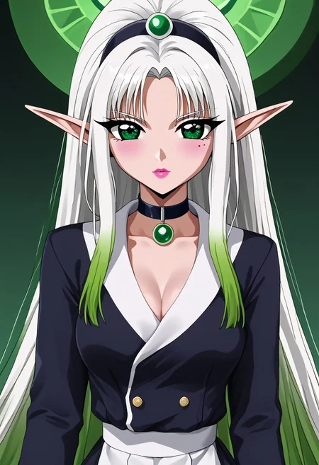 (masterpiece), best quality, expressive eyes, perfect face,
1 Girl
(((White very long ponytail with Green ombre hair)))
(((White hair)))
(((Green ombre hair)))
(((Green gradient hair)))
((White and Green Multicolored hair))
((Hair between eyes))
((Green eyes))
((Elf ears))
((Pointy ears))
((Mole under eye))
((Medium breasts))
((White rose simple dress))
((Black jacket))
((Choker))
((Looking at viewer))
((Sitting in a lotus position))
((Serious face))
((T-pose))
((Night beach))
((Night))
((Green nail polish))
((Pink lips))
((Orange makeup))
((Elf earings))