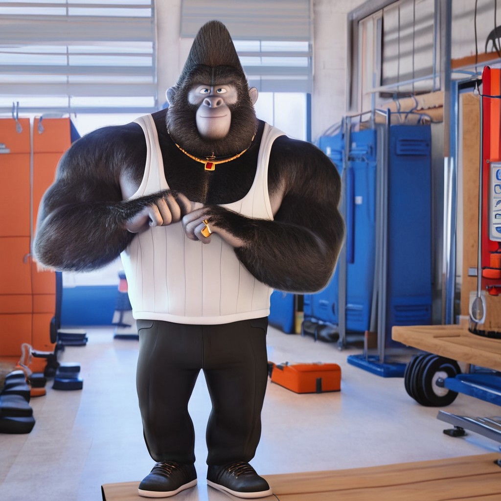 big daddy(sing), bara, mature male, gorilla, smile, (pose:1.3), (posing:1.3), (soft shading), 4k, hi res, five fingers, detailed hands, ((detailed face, (detailed eyes:1.0), detailed)), (full body), by zackarry911, by zaush, (by personalami:0.5), gym, tank top, shorts, jewelry, ring, white tank top, big daddy, gorilla, furry male, male, colored skin, fangs, blue eyes, anthro, muscular, wide shoulders, mechanic shop interior, garage, CGI scene, zy_animation, dad bod, chubby, body builder, pectorals, tall, blue eyes, 