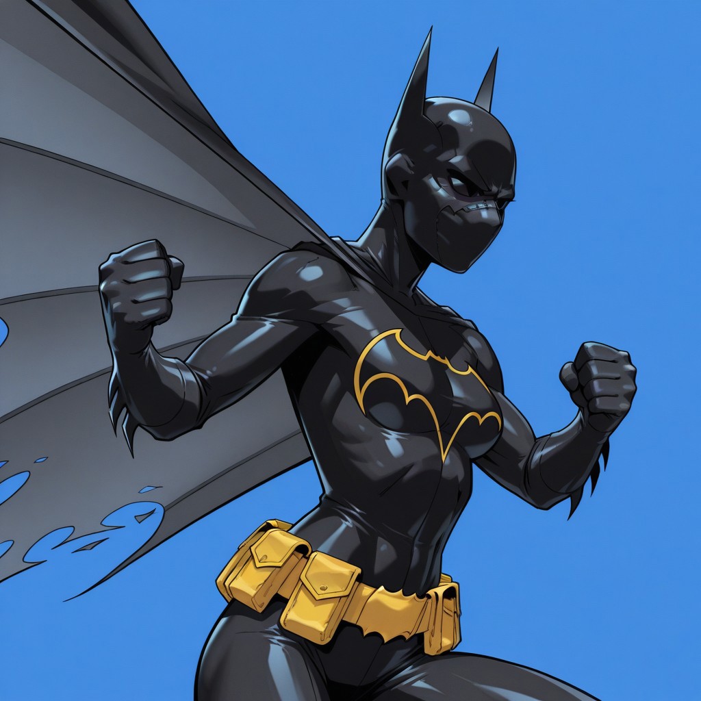 Blue background, simple background, solid color background, 2d, 1girl, solo, 
DC Comics, Batgirl, BlackBat, toned female, black mask, black sclera, no pupils, covered face, black bodysuit, black cape, utility belt, yellow belt, insignia, bat symbol, 
Upper body, side view, action pose, floating cape, fighting stance, hands up,
