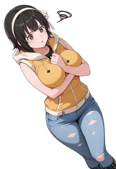 masterpiece,high quality details, ultra realistic, high detailed skin,absurdres,
arm between breasts,
<lora:Arisa_Kusagakure:0.8> arisa_cnr, 1girl,black hair, short hair, bangs, black eyes, large breasts, hairband,, simple background, white background, dynamic angle,solo,, frustrated,depressed,, o o,, parka,undershirt,patched jeans, ,studded legwear,