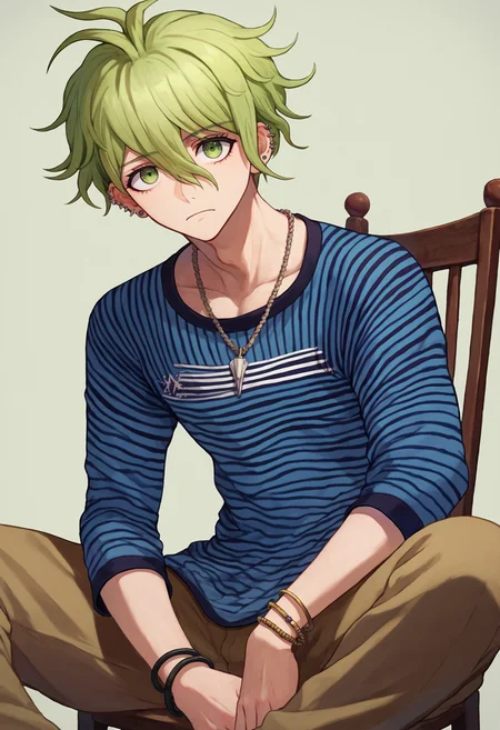 score_9_up score_8_up score_7_up, looking at viewer, sitting on chair
BREAK
score_9_up score_8_up score_7_up, amami rantaro default, 1boy, green hair, short hair, green eyes, bangs, piercing, ear piercing, earrings, hair between eyes, antenna hair, messy hair, jewelry, blue shirt, striped shirt, striped, shirt, necklace, pants, brown pants, bracelet, long sleeves
<lora:danganranpa_v3_pony_d16:1>