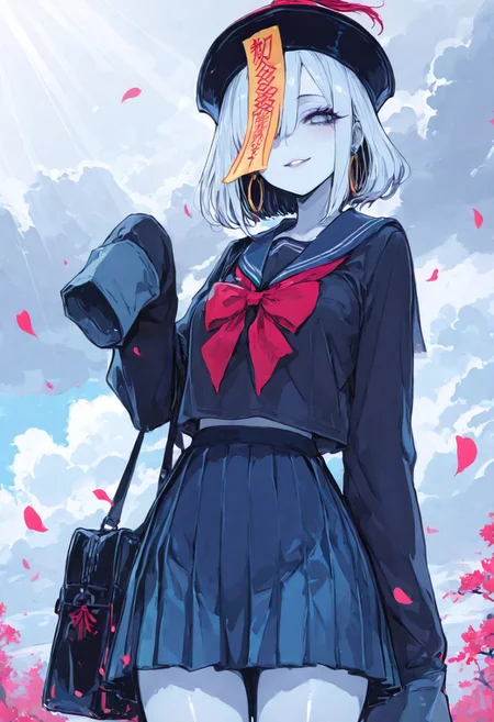masterpiece, best quality, Good quality, very aesthetic, absurdres, newest,1girl, cloud, cloudy sky, day, light rays, looking at viewer, outdoors, sky, smile, solo,
BREAK
raytracing, volumetric lighting, ambient occlusion, girl, background, masterpiece, best quality, very awa, absurdres,
BREAK
masterpiece,amazing quality,best quality,ultra-detailed,8K,illustration,CG,shiny hair,clear skin,ultra-detailed-eyes, detailed background,cute girl, eyelashes, erotic, petals falling,
BREAK
(sexy, slutty, hot, aroused),
Jiangshi, colored skin, pale blue skin, talisman over face
BREAK
shirt, skirt, long sleeves, bow, parted lips, jewelry, school uniform, earrings, pleated skirt, serafuku, sailor collar, bag, red bow, blue skirt, blue sailor collar, hoop earrings, limited palette