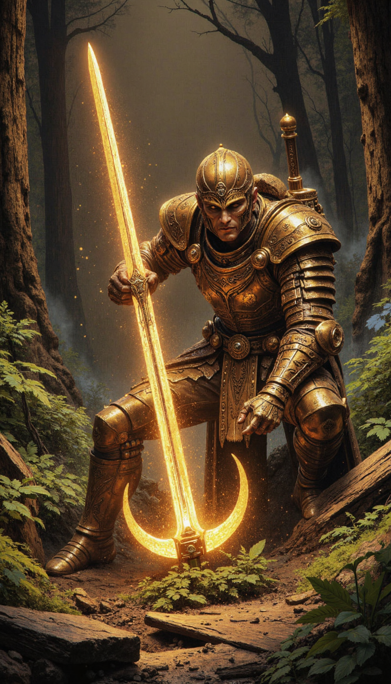 crayon,glow, A lone swordsman, clad in ornate armor with gilded accents, crouches in a dynamic three-quarter pose. His resoluteness is palpable as he plunges a magnificent, incandescent blade into the earth. The terrene palette, dominated by ochres and umbers, evokes a twilight forest clearing illuminated by the ethereal glow emanating from the sword. This luminescence should be the cynosure of the composition, casting long, dramatic shadows that dance upon the meticulously rendered blades of grass and foliage in the foreground. Employ a shallow depth of field to further accentuate the effulgent blade, blurring the sylvan backdrop into an impressionistic tapestry of tenebrous hues. The image should exude an atmosphere of solemnity and latent power, akin to the pregnant pause before a tempest.
