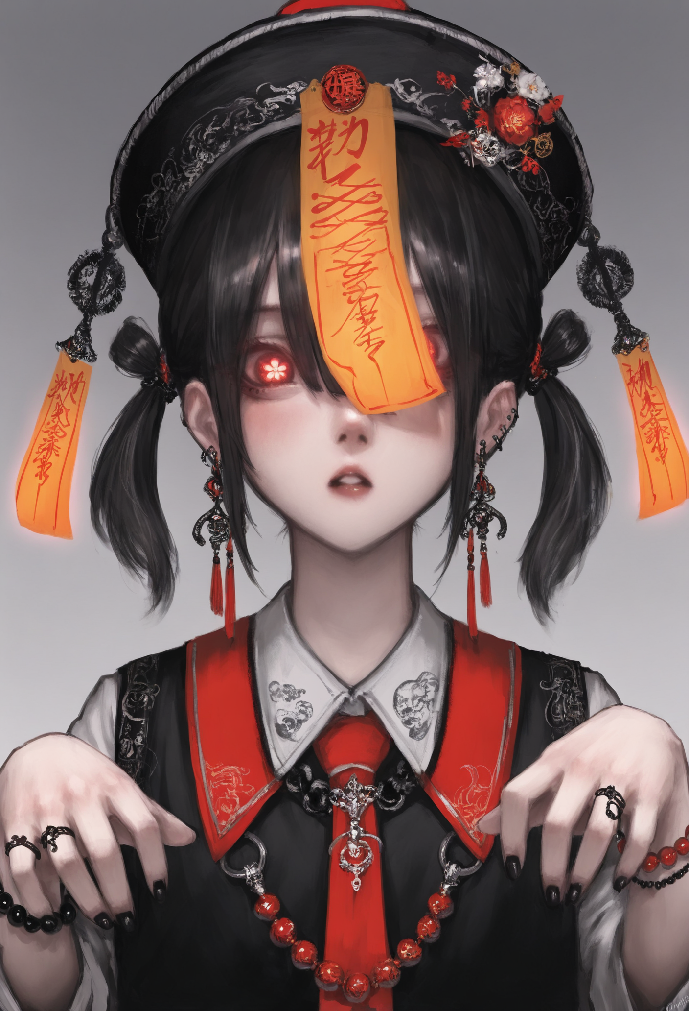 1girl, 
solo, jewelry, hat, earrings, red eyes, ofuda, looking at viewer, short hair, black hair, portrait, parted lips, talisman, necktie, collared shirt, twintails, ring, hair between eyes, bracelet, glowing eyes, twitter username, short twintails, gradient background, chinese clothes, blush, ghost pose, shirt, beads, black nails, symbol-shaped pupils, long sleeves, hat ornament, sidelocks, simple background, :o, flower, bead bracelet, glowing,
.
masterpiece, best quality, very aesthetic, absurdres
 <lora:akafornoob:0.95>