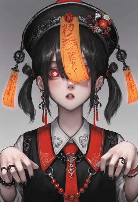1girl,
solo, jewelry, hat, earrings, red eyes, ofuda, looking at viewer, short hair, black hair, portrait, parted lips, talisman, necktie, collared shirt, twintails, ring, hair between eyes, bracelet, glowing eyes, twitter username, short twintails, gradient background, chinese clothes, blush, ghost pose, shirt, beads, black nails, symbol-shaped pupils, long sleeves, hat ornament, sidelocks, simple background, :o, flower, bead bracelet, glowing,
.
masterpiece, best quality, very aesthetic, absurdres
<lora:akafornoob:0.95>