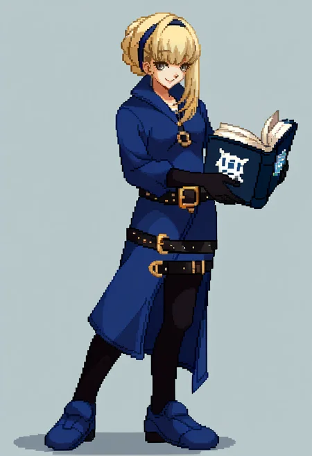 score_9, score_8_up, score_7_up, source_anime, BREAK, solo, 1girl, smile, looking at viewer, <lora:Guilty-Gear-SpritesV2-pdxl_Fp:1>, simple background, full body, pixel art, standing, <lora:zs_MeropeV2XL:1>, meropep5x, blonde hair, hairband, braid, bangs, grey eyes, blue shirt, belt, black gloves, long blue skirt, black pantyhose, holding book, blue footwear,