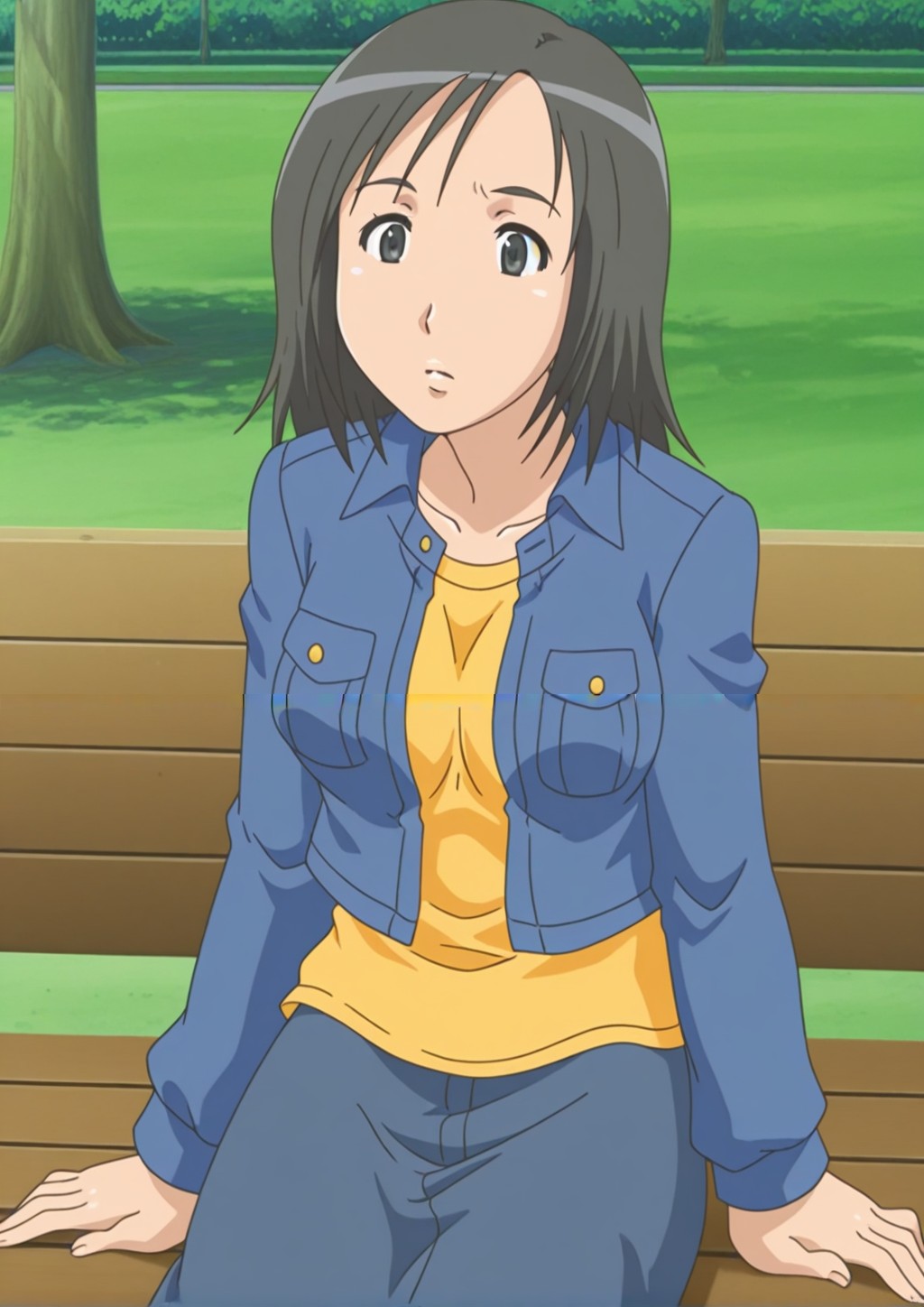 anime coloring,anime screencap,<lora:Fujisawa_Illustrious_from_The_invisible_Stud:1>,black hair,Fujisawa,1girl,black eyes, sitting on a bench, park