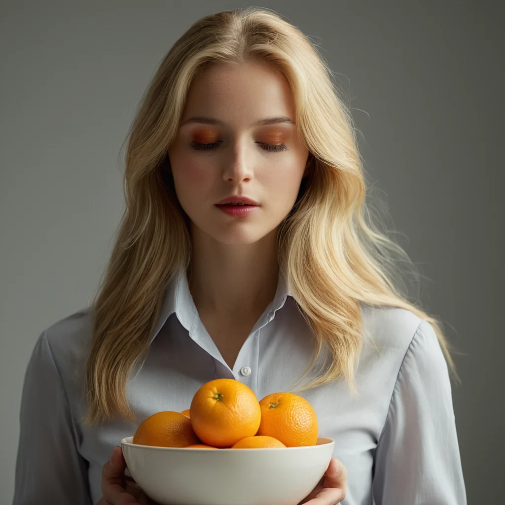 cinematic film still of  <lora:High-key lighting Style:1>
bright light, bright, a woman holding a bowl of fruit with her eyes closed High-key lighting Style,1girl,solo,long hair,blonde hair,simple background,shirt,long sleeves,holding,closed eyes,white shirt,upper body,food,collared shirt,grey background,lips,dress shirt,fruit,bowl,realistic,grapes,orange (fruit), shallow depth of field, vignette, highly detailed, high budget, bokeh, cinemascope, moody, epic, gorgeous, film grain, grainy