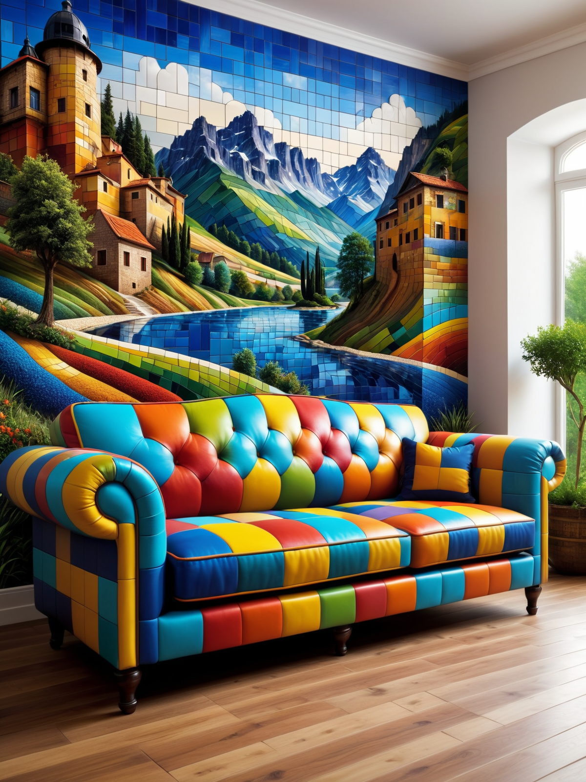 colorful sofa made of mad-tilestyle, in living room, photo of a landscape on the wall <lora:Colorful_Tile_Style_SDXL:0.6>, (masterpiece:1.2), best quality, (hyperdetailed, highest detailed:1.2), high resolution textures