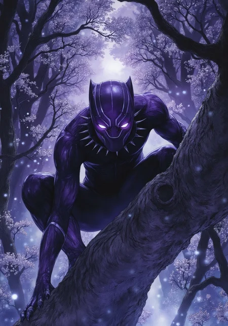 Studio Ghibli Dark Fairytale, lackPanther, a man in a black body suit and a mask with purple eyes, shiny purple eyes, He is squatting on a tree branch, he waits for his prey, many trees around, the leaves of the trees are white, white petals fly through the air, the sky is purple, it is beginning to dusk, behind the trees a dim light begins to emanate, the image has a mystical and tranquility vibe, View from a low angle showing the whole scenario,