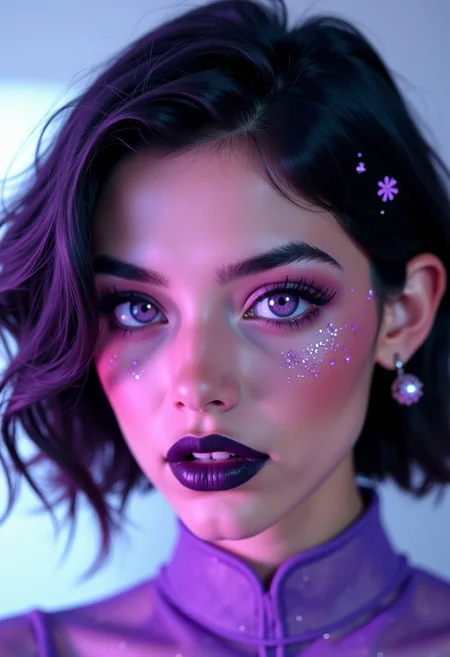 Arabian female model with short hair. the portrait was shot on a leica camera with gorgeous lighting and subtle pastel hues. the image is in 8k resolution and features heavy, dark, and prominent purple lipstick, purple eyes, magic particles, multiple references, CharacterDesignFLUX