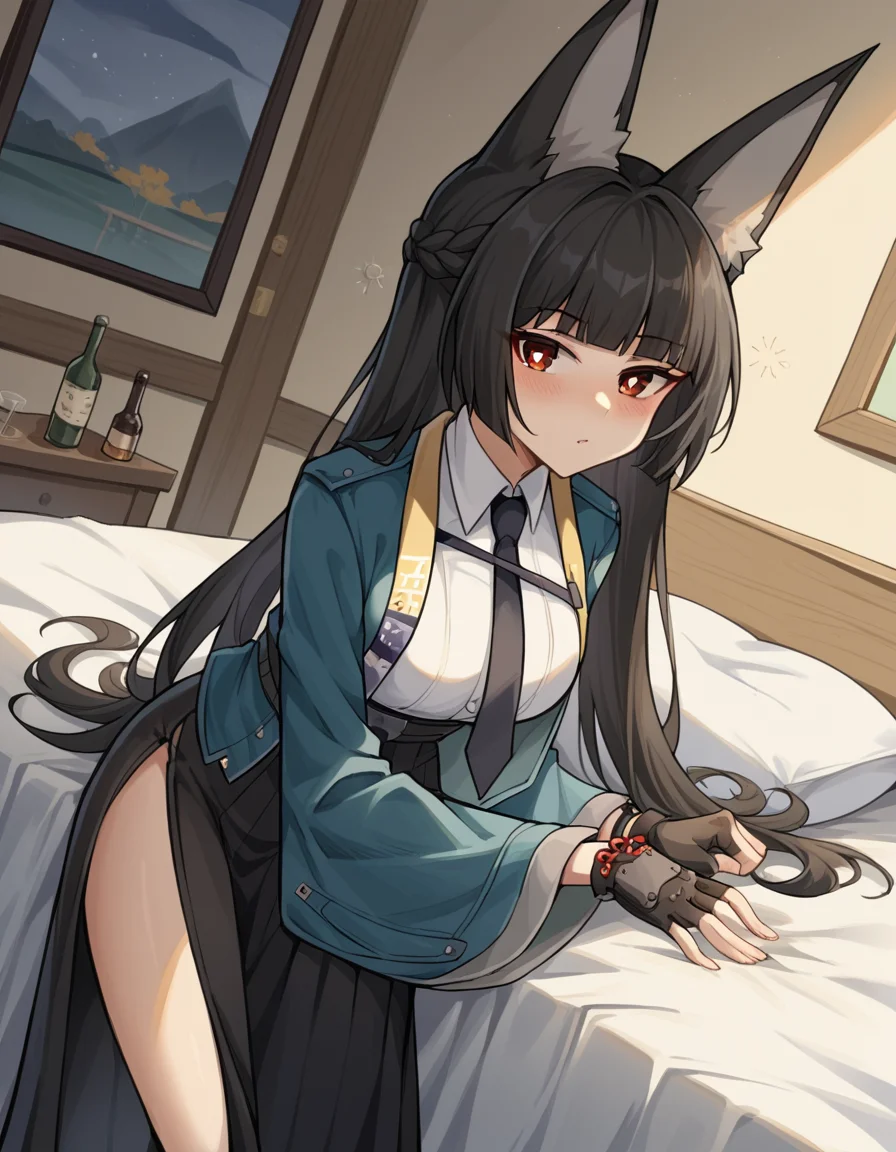 score_9, score_8_up, score_7_up, source_anime, miyabihoshimi, <lora:miyabi-hoshimi-ponyxl-lora-nochekaiser:1>, miyabi hoshimi,animal ear fluff, animal ears, black hair, bright pupils, fox ears, fox girl, half updo, long hair, red eyes, sidelocks, white pupils,, asymmetrical gloves, black gloves, black necktie, black skirt, blue jacket, collared shirt, fingerless gloves, gloves, high-waist skirt, jacket, long skirt, necktie, shirt, side slit, single fingerless glove, skirt, white shirt, wide sleeves,, indoors, bed, bed room, on side, blush, drunk, looking at viewer, solo, cowboy shot, dutch angle