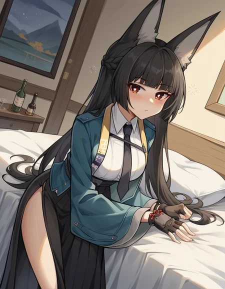 score_9, score_8_up, score_7_up, source_anime, miyabihoshimi, <lora:miyabi-hoshimi-ponyxl-lora-nochekaiser:1>, miyabi hoshimi,animal ear fluff, animal ears, black hair, bright pupils, fox ears, fox girl, half updo, long hair, red eyes, sidelocks, white pupils,, asymmetrical gloves, black gloves, black necktie, black skirt, blue jacket, collared shirt, fingerless gloves, gloves, high-waist skirt, jacket, long skirt, necktie, shirt, side slit, single fingerless glove, skirt, white shirt, wide sleeves,, indoors, bed, bed room, on side, blush, drunk, looking at viewer, solo, cowboy shot, dutch angle