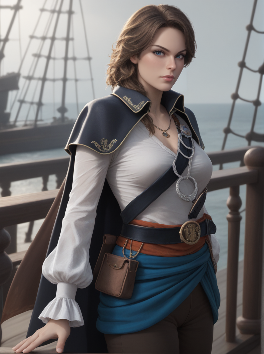 score_9, score_8_up, score_7_up, score_6_up, score_5_up, score_4_up, source_anime, realistic, photoshop \(medium\), <lora:SnB_t2-000009-128:1.0> 1girl, PirateLady, large breasts, blue eyes, brown hair, cape, full body, leaning against railing,,
, pirate ship, depth of field, baroque