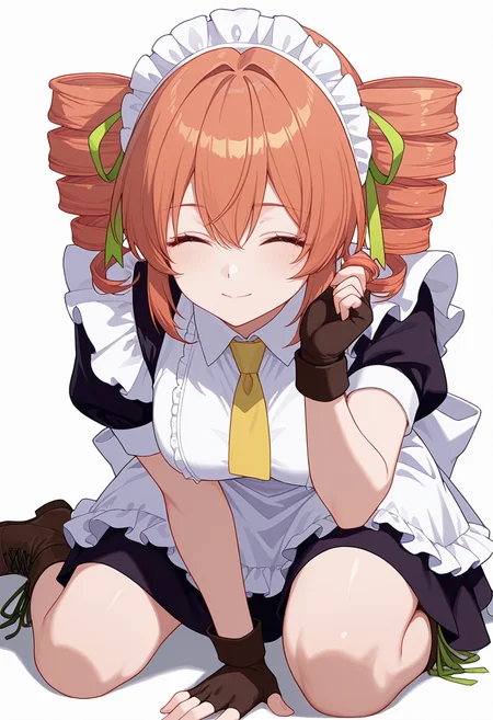 Smooth Quality,masterpiece,very intricate, high quality details, ultra realistic, high detailed skin,detailed enviorement,absurdres,
twirling hair,
<lora:Gertrude_Rainsworth_CNR_r2:0.8> gertrude_cnr, 1girl, orange hair, twin drills, purple eyes, hair between eyes, medium breasts,black dress, maid apron, frilled apron, puffy short sleeves,fingerless gloves, cross-laced footwear, yellow necktie, green ribbon,maid headdress, hair ribbon,, simple background, white background, from behind,
kneeling pose, one hand on the ground, other hand reaching forward, focused gaze, tense muscles, ,, ^ ^,