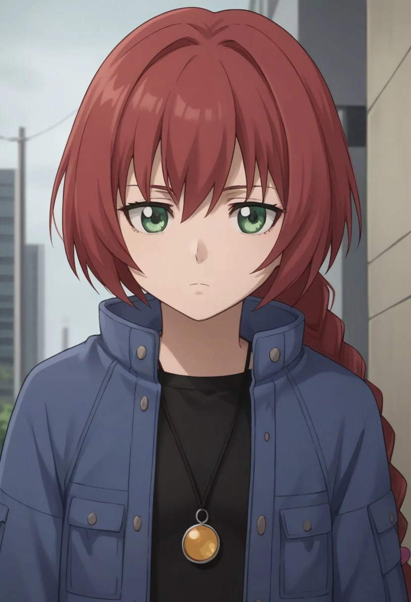 score_9, score_8_up, source_anime, highly detailed,
suou, 1girl, solo, red hair, green eyes, jewelry, anime coloring, necklace,
long hair, braid, single braid, jacket, blue jacket, pendant, upper body, bored,
outdoor, looking at viewer,