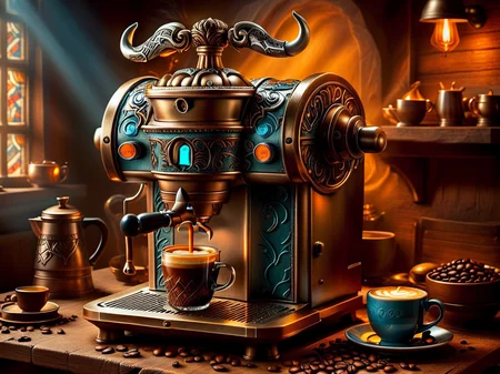 <lora:CulturePunkAI_3:.9> vikingpunkai
coffee machine Highly detailed, amazing, Impressive lighting, vibrant colors, Ultra Realistic, High quality, Highly detailed, trending on artstation, intricate detailed background