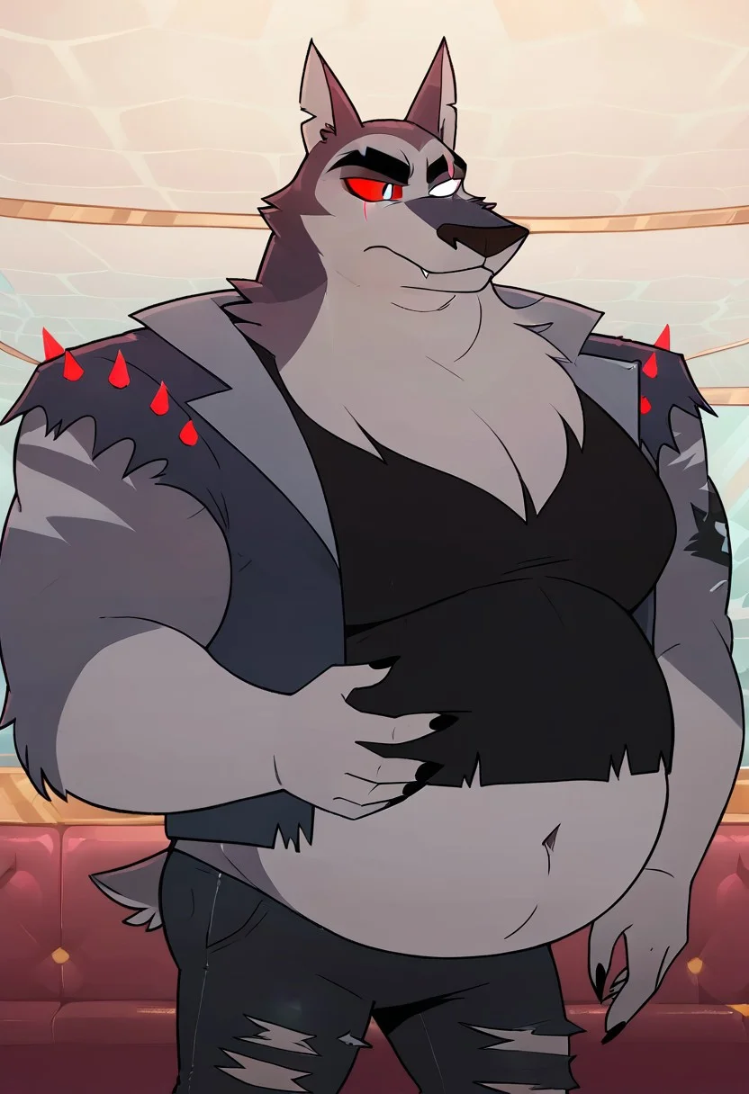 SCORE_9, SCORE_8_UP, SOURCE_ANIME, REALISTIC, BREAK, 1MALE, TEX, FACE FOCUS, PORTRAIT, FURRY, GREY FUR, MORBIDLY OBESE, ((GIGANTIC BELLY)), (SCAR ACROSS EYE), (BLANK GLASS EYE), RIGHT EYE SILVER, RIGHT RED SCLERA, EAR SLITS, TANK TOP, SPIKED LEATHER VEST, RIPPED JEANS, ARM TATTOO, BREAK, STRIP CULB, FURRY STRIPERS, HIGH RESOLUTION, VIVD TEXTURES