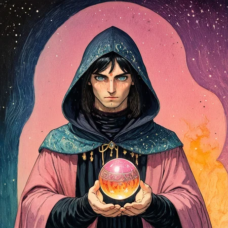 <lora:Pastel_ReverieSDXL:1> ArsMJStyle, Pastel Reverie, The image is a portrait of a young man wearing a black hooded cloak with a hood that covers his head. He is holding a crystal ball in his hands and appears to be in the process of casting it into the air. The man has long dark hair and is looking directly at the camera with a serious expression on his face. The background is dark and filled with stars and nebula giving the impression of a mystical and mystical atmosphere. The colors are vibrant and the overall mood of the image is intense and powerful., 1girl, solo, hood, blue eyes, black hair, looking at viewer, hood up, robe, upper body, realistic