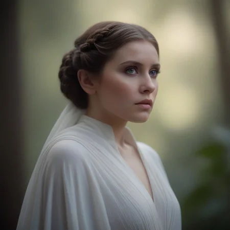 1female, Star Wars prises Leia, (delicate face, beautiful eyes, natural, eye contact), full body photo, scenic, shallow depth of field, vignette, highly detailed, high budget Hollywood film, bokeh, cinemascope, moody, epic, gorgeous, film grain, Canon EOS R,Canon RF 85mm F1.2L USM, ISO 100