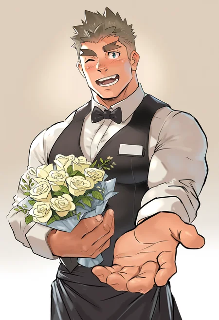 masterpiece, best quality, very aesthetic, highres, tofulabo, <lora:tofulabo_IllustriousXL_v1.0:0.8>,
original, male focus, 1boy, solo, blush, bowtie, apron, bara, bouquet, short hair, sideburns, forked eyebrows, bow, muscular male, flower, looking at viewer, thick eyebrows, muscular, pectorals, cowboy shot, vest, shirt, reaching towards viewer, holding bouquet, waist apron, one eye closed, black vest, white shirt, foreshortening, collared shirt, pants, waiter, holding