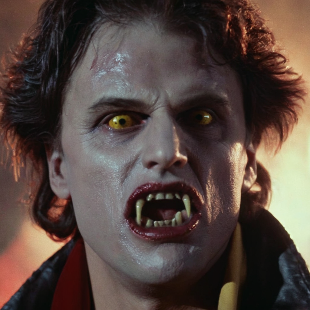 Horror-themed,  <lora:Fright Night 1985 Film Style:1>
Cinematic Closeup Shot Film Footage captured by Panavision Cameras and Lenses, vampire creature, young Chris Sarandon as Jerry a vampire with a large open vampire mouth and a vampire fangs teeth in a dark jacket and red scarf screaming at camera with scary face and yellow eye lenses and messy hair and creepy vampire face Fright Night 1985 Film Style, Eerie, unsettling, dark, spooky, suspenseful, grim, highly detailed