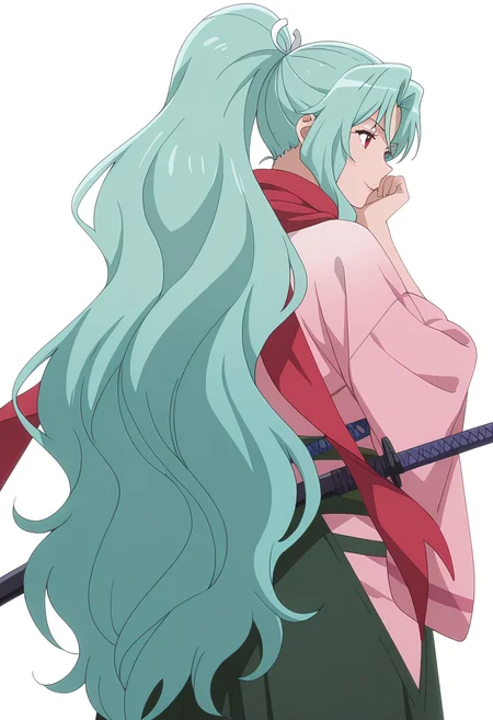 Smooth Quality,masterpiece, ultra realistic,
simple background, white background,
from behind,:>,head rest,
<lora:Tomoecnn:0.8> sofia/cnn, 1girl, long hair, scarf, ponytail, red eyes, japanese clothes, katana, green hair, very long hair,