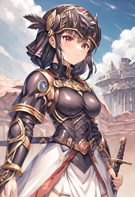 score_9, score_8_up, score_7_up, detailed, intricate details, chromatic aberration, realistic, veins source_anime, kuroinukaguya, , (best quality) , (highly detailed) ,((masterpiece)), ((best quality)), (ultra-detailed), ((extremely detailed)), (high resolution), 4K, (8K), best quality, (beautiful), (dynamic lighting), (super detailed skin), sharp focus, (1_girl, solo focus), score_9,score_8_up,score_7_up,anime coloring BREAK source_anime,anime, hrist \(v@lkyrie prof1le\), , red eyes, black hair, long hair, Very Long Hair, Dark Hair, Dark Black Hair, Raven Black Hair, Black Hair, (outdoors:1.5, sky:1.5, airwalking:1.5, holding weapon:1.5, sword:1.5, blue sky:1.5, clouds:1.5), LennethVP, braid, single braid, Black armor, armored dress, winged helmet, pauldrons, gauntlets, greaves, armor, valkyrie, cuirass, vambraces, shoulder armor, turtleneck, black hair, long hair, white skirt, pelvic curtain Face Focus, Upper Body detailed eyes、detailed face and detailed skin <lora:add-detail-xl:1.0>