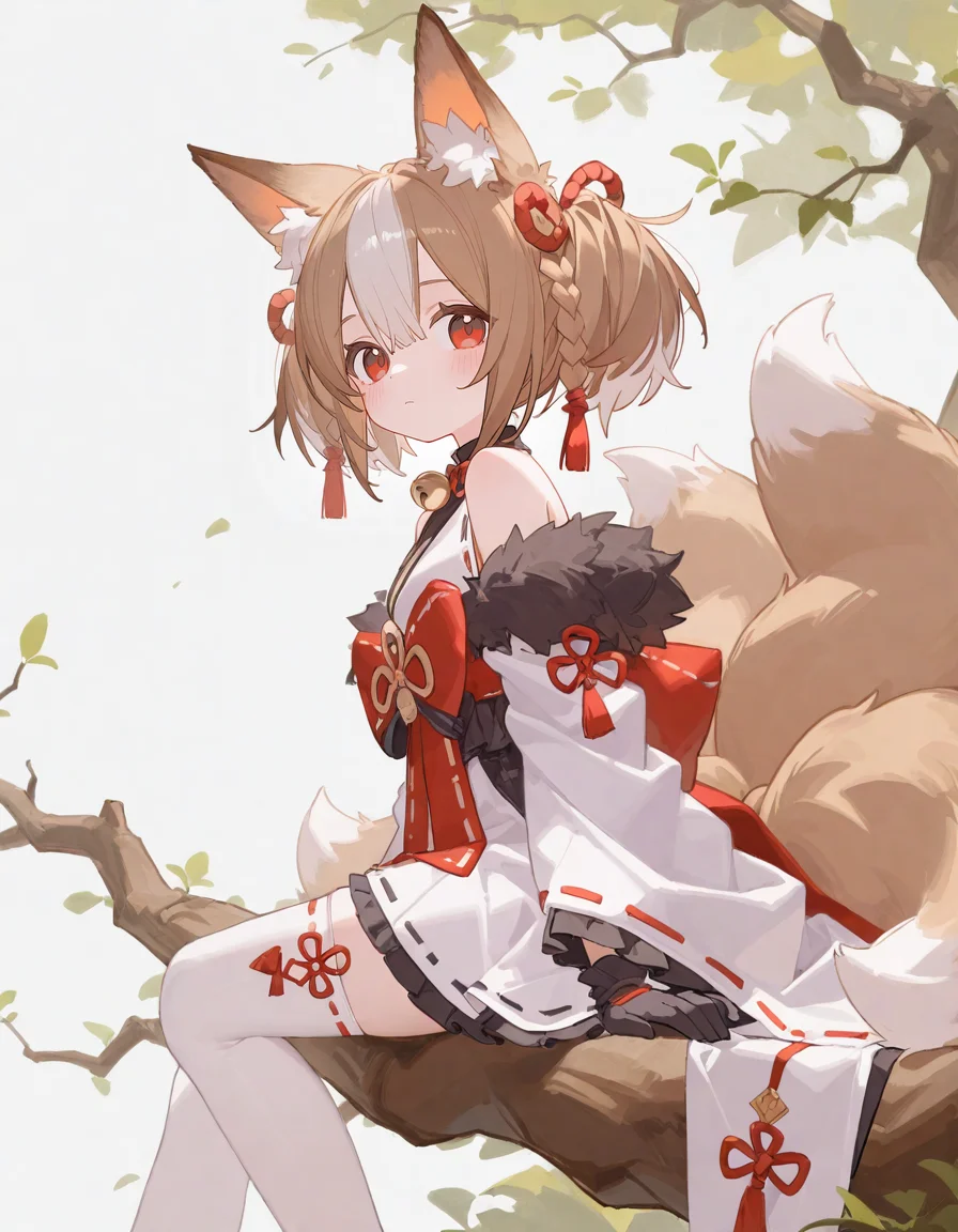 1girl, ciloranko, ningen mame, sekka \(shadowverse\), sekka, general, sitting, from side, branch, turning head, looking at viewer, arm support, foot out of frame, looking to the side, tree, plant, 
1girl, animal ear fluff, animal ears, bangs, bare shoulders, bell, blush, bow, braid, brown hair, closed mouth, dress, fox ears, fox girl, frills, fur trim, gloves, hair between eyes, japanese clothes, multicolored hair, multiple tails, off shoulder, red eyes, short sleeves, simple background, twintails, two-tone hair, white thighhighs, wide sleeves, 
very awa, masterpiece, best quality, amazing quality, absurd res, hi res, highres, tianliang duohe fangdongye <lora:748cmSDXL:0.1> <lora:H4ru_style:0.4> <lora:ma1ma1helmes_b:0.1> <lora:NanmoKaken:0.3>  <lora:noobai_vpred_1_masterpieces_v23:1>  <lora:sekka:1>