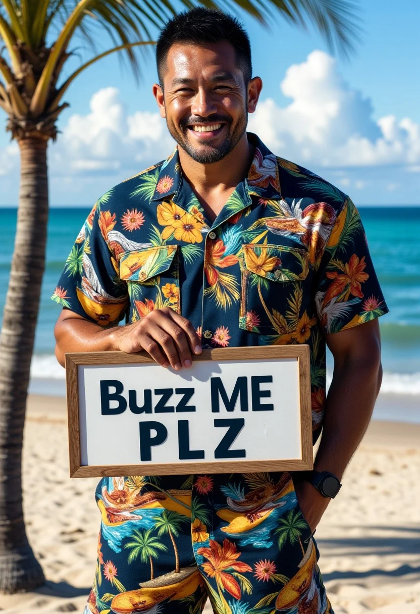 Smiling USA soldier standing akimbo.holding a board with words"Buzz Me PLZ", His uniform is playfully hawaiian shirt patterened cloth, with conconut trees and beach surf. .