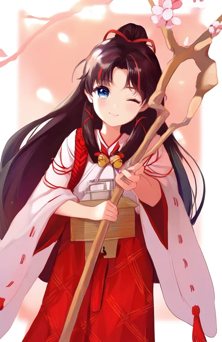 1girl,(pan \(mimi\):0.3),(ame.:0.3),(achiki:0.6),(gomzi:0.5),(alpha \(alpha91\):0.8),
long hair,yuanjieshen,one eye closed,parted bangs,ribbon,streaked hair,blue eyes,miko,japanese clothes, holding staff,branch,V,head tilt,,<lora:yysnoob4.1:1>,, masterpiece, newest, absurdres,safe