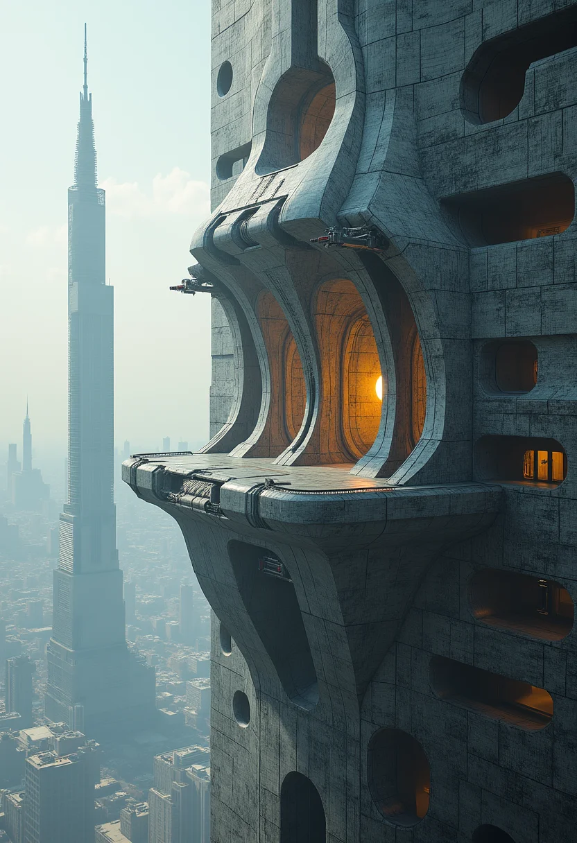 A masterpiece of sci-fi architecture style created by the collaboration of Hiroshi Yoshida and Zdzisław Beksiński. The main objects in the image are composed of different materials. The right side of the main object is made of marble, while the left side retains its original material.Imagine a photograph that captures a mesmerizing sci-fi architectural masterpiece, a fusion of the visionary Japanese architect Hiroshi Yoshida's futuristic designs and Polish painter Zdzisław Beksiński’s dark and haunting elements. The main object in this image is a towering structure that stretches into the sky, reminiscent of Yoshida's work but with a foreboding touch from Beksiński.The photograph is taken from an unusual angle—a bird's-eye view looking down on the structure as it looms beneath us. This perspective emphasizes the grandeur and verticality of the architecture while also adding a sense of unease and mystery, fitting the combined styles of both artists.In this composition:- The right side of the main object is intricately detailed with smooth, polished marble, giving it a glossy and reflective quality. This side is adorned with intricate geometric patterns and metallic accents, evoking Yoshida’s futuristic and optimistic visions.- The left side, in stark contrast, retains its original, darker material—likely a rough, textured metal or concrete that Beksiński would have painted to appear almost organic yet menacing. This side features irregular shapes and organic textures, adding an element of decay and unease.The structure itself is a merging of different elements: it has the clean lines and geometric forms typical of Yoshida’s work but with the rough, almost sculptural texture from Beksiński. The marble side glows faintly under the low-angle light, creating a striking contrast with the shadowy, almost sinister left side.In the background, there are hazy, distant cityscapes or perhaps distant galaxies, blending the real and the surreal, further enhancing the sci-fi atmosphere. The overall effect is both awe-inspiring and slightly unsettling, capturing the essence of a collaborative masterpiece that transcends the boundaries between the mundane and the fantastical. HD32K, hyperdetailed, best quality, aidmaMJ6.1.