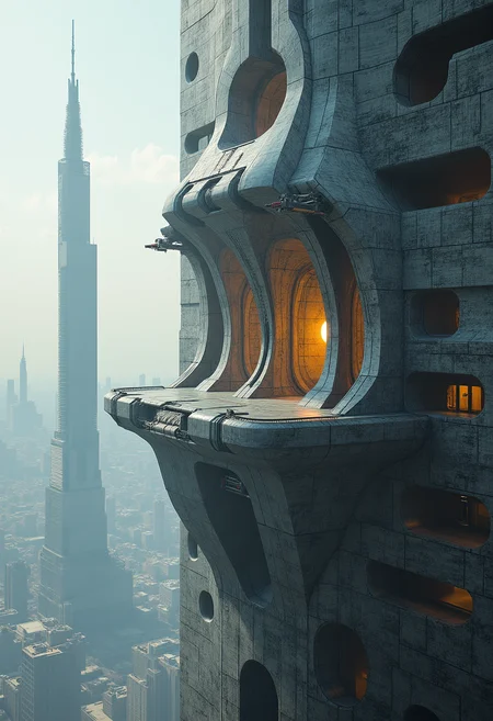 A masterpiece of sci-fi architecture style created by the collaboration of Hiroshi Yoshida and Zdzisław Beksiński. The main objects in the image are composed of different materials. The right side of the main object is made of marble, while the left side retains its original material.Imagine a photograph that captures a mesmerizing sci-fi architectural masterpiece, a fusion of the visionary Japanese architect Hiroshi Yoshida's futuristic designs and Polish painter Zdzisław Beksiński’s dark and haunting elements. The main object in this image is a towering structure that stretches into the sky, reminiscent of Yoshida's work but with a foreboding touch from Beksiński.The photograph is taken from an unusual angle—a bird's-eye view looking down on the structure as it looms beneath us. This perspective emphasizes the grandeur and verticality of the architecture while also adding a sense of unease and mystery, fitting the combined styles of both artists.In this composition:- The right side of the main object is intricately detailed with smooth, polished marble, giving it a glossy and reflective quality. This side is adorned with intricate geometric patterns and metallic accents, evoking Yoshida’s futuristic and optimistic visions.- The left side, in stark contrast, retains its original, darker material—likely a rough, textured metal or concrete that Beksiński would have painted to appear almost organic yet menacing. This side features irregular shapes and organic textures, adding an element of decay and unease.The structure itself is a merging of different elements: it has the clean lines and geometric forms typical of Yoshida’s work but with the rough, almost sculptural texture from Beksiński. The marble side glows faintly under the low-angle light, creating a striking contrast with the shadowy, almost sinister left side.In the background, there are hazy, distant cityscapes or perhaps distant galaxies, blending the real and the surreal, further enhancing the sci-fi atmosphere. The overall effect is both awe-inspiring and slightly unsettling, capturing the essence of a collaborative masterpiece that transcends the boundaries between the mundane and the fantastical. HD32K, hyperdetailed, best quality, aidmaMJ6.1.