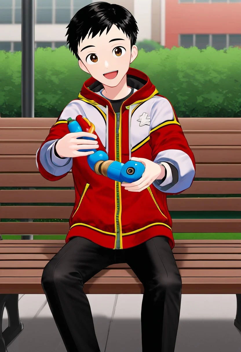harmard, black hair, short hair, brown eyes, 1boy, (solo:1.20), solo focus, red_white_jacket, black pants, at park, happy expression, sit on bench, holding a robot toy