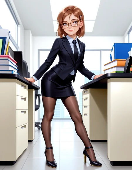 masterpiece, best quality, very aesthetic, absurdres,
indoors, office,
full body, long eyelashes, light smile,
<lora:Megan_v01_NAIXL-000012:1>,
M364n,1girl,brown hair,short hair,hairclip,glasses,brown eyes, freckles, office lady,necktie,suit,pencil skirt,brown pantyhose,high heels,