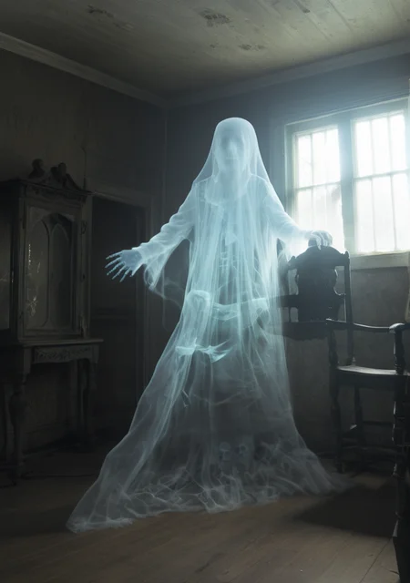 <lora:Aether_Ghost_v1.1_LoRA:1>, photo of a transparent ghost 8 year old girl, ghost, spirit, glowing, in a haunted house, cob webs, skulls, spiders