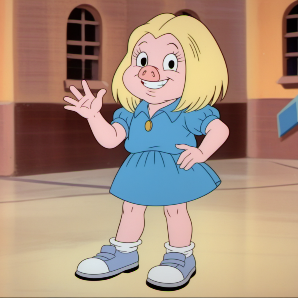 score_9, solo, 1girl, juldt2, child, furry, pig, blonde hair, black eyes, teeth, blue dress, parody, smile, hand on hip, waving at viewer, retro artstyle, full body, socks, shoes, blurry background, <lora:juldt2-000009:1>,