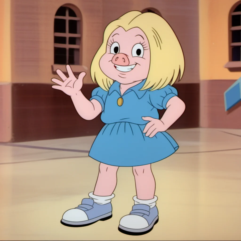 score_9, solo, 1girl, juldt2, child, furry, pig, blonde hair, black eyes, teeth, blue dress, parody, smile, hand on hip, waving at viewer, retro artstyle, full body, socks, shoes, blurry background, <lora:juldt2-000009:1>,