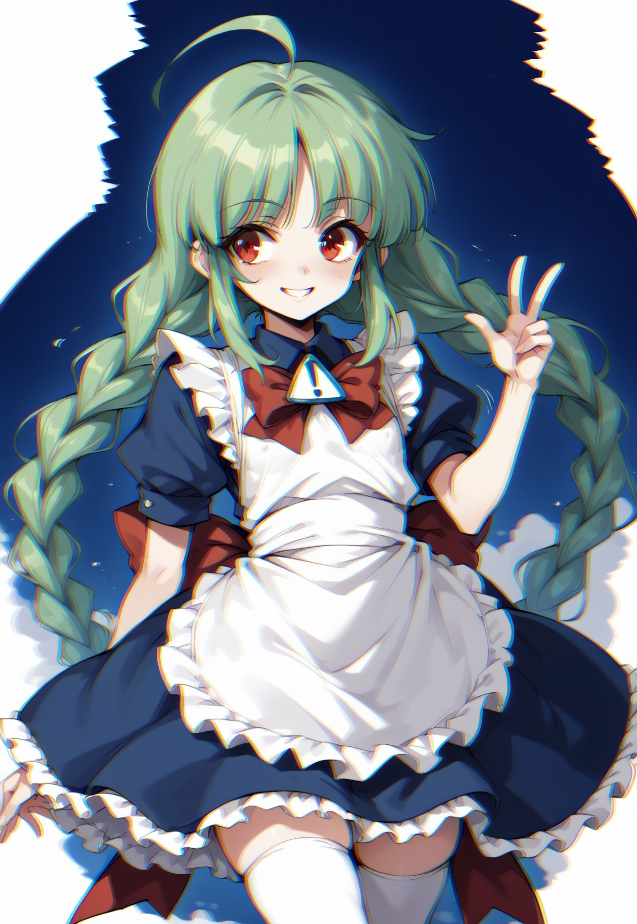safe_pos, safe_pos, score_9, score_8_up, score_7_up, score_6_up, 1girl, solo, me-tan, bright green hair, ahoge, twin braids, blue dress, red bow, white apron, puffy short sleeves, flat chest, evil smile, red eyes, white thighhighs,  blue background, Retro glitch, dynamic pose, dynamic angle, dutch angle, glitchy, covered erect nipples, ((chromatic aberration:1.2)), bloomers
