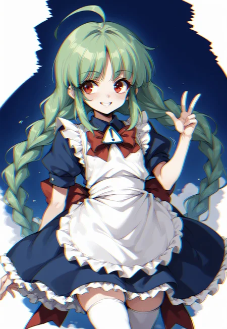 safe_pos, safe_pos, score_9, score_8_up, score_7_up, score_6_up, 1girl, solo, me-tan, bright green hair, ahoge, twin braids, blue dress, red bow, white apron, puffy short sleeves, flat chest, evil smile, red eyes, white thighhighs, blue background, Retro glitch, dynamic pose, dynamic angle, dutch angle, glitchy, covered erect nipples, ((chromatic aberration:1.2)), bloomers